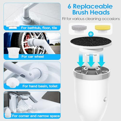 TeqHome Electric Spin Scrubber, Cordless Power Shower Cleaning Brush with 6 Replaceable Brush Heads, 2 Adjustable Speeds,Adjustable & Detachable Extension Long Handle for Bathroom Floor Tile Tub Basin