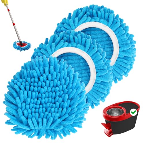 Baderke 3 Pack Chenille Mop Heads Replacements Compatible with 1 Tank System Chenille Duster Replacement Heads Microfiber Spin Mop Refill Pads Reusable Dust Refills for Floor Cleaning (Blue) - color: Blue