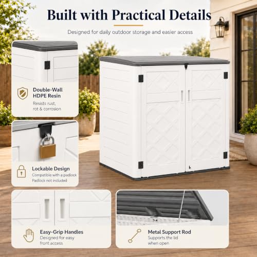 ADDOK 38 Cu.Ft Outdoor Storage Shed with Floor,Large Waterproof Resin Storage Cabinet with Lift-Up Lid,Double Doors and Lockable Design for Lawn Mower,Garden Tools, Patio,Backyard and Pool Supplies - size: Off-White 38 Cu.Ft