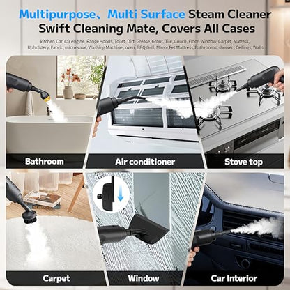 Pressurized Handheld Steam Cleaner 2500W, 54oz Large-Capacity Steamer with 3-Level Adjustable Steam, 15s Heat-Up & 15Pcs Accessories – for Car, Tile, Grout, Couch, Floor, Bed, Dirt, Furniture - color: Black