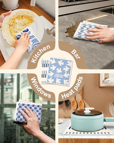 Miss Adola Swedish Dishcloths for Kitchen with Hooks - Reusable Dish Cloths for Washing Dishes Fast Drying Cute Fun 5 Pack Swedish Dish Towels Washable Cleaning Sponge, Blue Geometrical - color: Blue White Geometrical