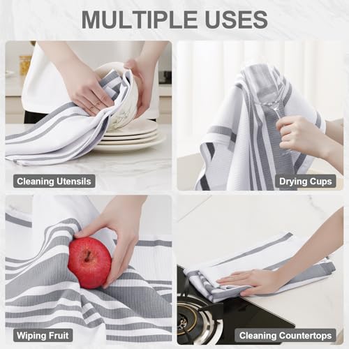 Homaxy Premium Kitchen Towels 18”x 28”, Large Cotton 380 GSM Kitchen Hand Towels, Stripe and Terry Dish Towel, Highly Absorbent Tea Towel Set with Hanging Loop, 3 Pack, Grey - color: Grey Stripe, style: 3-pack