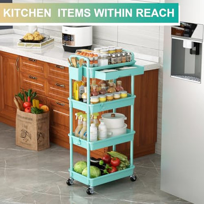 Goovilla 4 Tier Rolling Utility Cart Organizer with Removable Drawer, Stable and Sturdy Blue Rolling Storage Carts with 2 Lockable Wheels for Bathroom, Kitchen, Snack, Craft, Makeup, Baby Essentials - size: 4 Tier, style: Blue