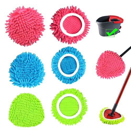 6 PCS Spin Mop Heads Replacements Compatible with Ocedar Easywring 1 Tank System Chenille Mops Duster Pad Washable Dust Refills Green Blue Red