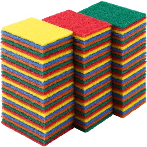 100 Pcs Scouring Pads,Heavy Duty Scour Pads,Dish Scrubber Scouring Pad,Reusable Non Scratch Household Scrub Pad for Dish Kitchen Scrubbers & Metal Grills,4.3 x 3 x 0.3 in (Multicolor)