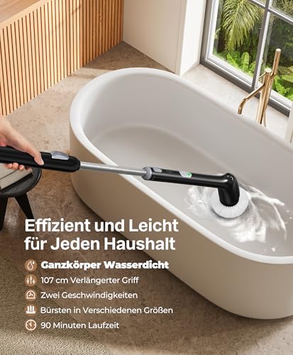 LyriFine Electric Spin Scrubber, New Full-Body IPX7 Waterproof Bathroom Cleaner Brush, Shower Scrubber with Long Handle & 2 Speed, Heads Replacement, Cleaning Supplies for Tub Shower Tile Floor - color: Dark Black
