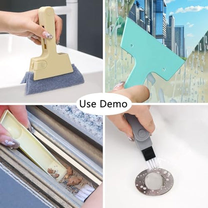 Window Track Cleaner Tool, 4Pcs 4-in-1 Groove Cleaning Brush (with Bristle Brush, Gap Dustpan, Scraper), Washable Cleaning Gadgets for Sliding Door, Sill, Car Vents (Blue + Yellow + 2Gray)