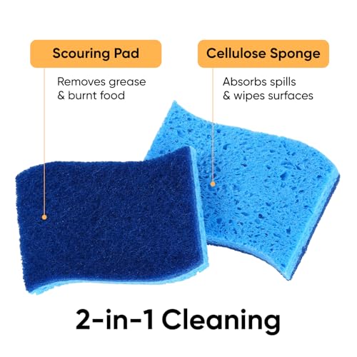 Non-Scratch Cellulose Sponge Kitchen Scrub Sponge with Scouring Pad Set, Good for Non-Stick Cookware Frying Pan, Pot, Counter Top, Sink Scrubbing, Kitchen Scrubbers, Pack of 2, (Blue) - color: Blue, size: 2-pack