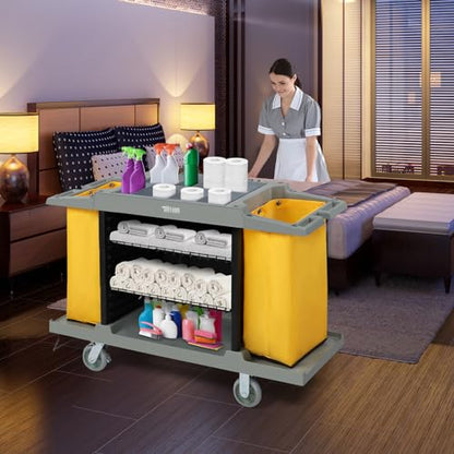 TUFFIOM Industrial Multifunctional Hotel Cart,Commercial Traditional Cleaning Janitorial Room Service Housekeeping Cart, 39" H x 58" W x 21" D