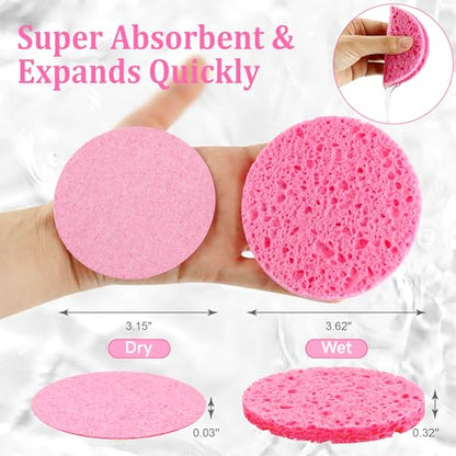 3.15in Large Compressed Facial Sponges 60 Pcs, 100% Natural Cellulose Face Sponges for Cleansing, Gentle Exfoliating, Makeup & Mask Removal, Spa Skincare, Travel Essentials for Women (Pink, Reusable) - color: Pink