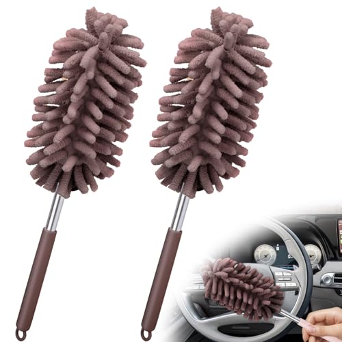 2 PCS Car Interior Duster with Extension Pole, Microfiber Car Dusters with Bendable Head, Cars Duster Exterior&Interior Scratch Free, for Cleaning of Vehicle Details, Offices, Window, Furniture(Brown) - color: Brown