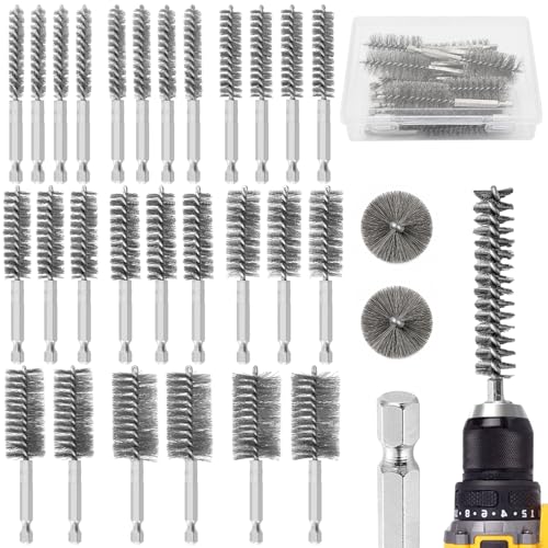 NOOTEASS 27 Pcs Stainless Steel Bore Brush Set, 5/16"-1-1/8" Metal Wire Cleaning Brushes with 1/4" Hex Shank, Abrasive Bore Cleaning Wire Brush for Drill Remove Rust Dirt Pipes Machinery Parts