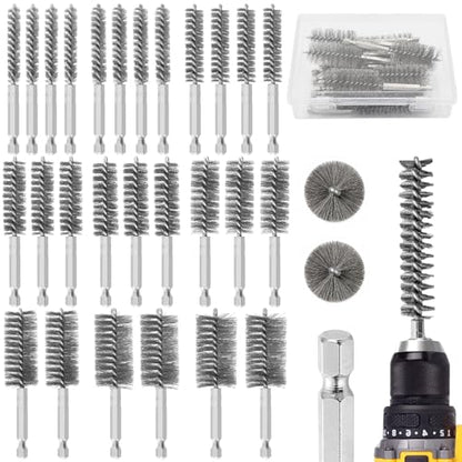 NOOTEASS 27 Pcs Stainless Steel Bore Brush Set, 5/16"-1-1/8" Metal Wire Cleaning Brushes with 1/4" Hex Shank, Abrasive Bore Cleaning Wire Brush for Drill Remove Rust Dirt Pipes Machinery Parts