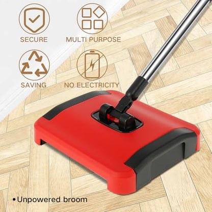 Carpet Floor Sweeper with Horsehair, Manual Cleaner, Non-Electric Broom Efficient Hand Push Rug Roller Brush