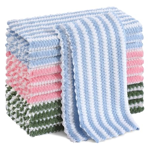 Homaxy 12 Pack Kitchen Dish Cloths, Ultra Soft and Absorbent Dish Towels, Reusable Fast Drying Microfiber Cleaning Cloth, Coral Velvet Wave Design No-lint, 10 x 10 inches, Blue/Pink/Grass Green - color: Blue/Grass Green/Pink, style: 10" x 10" - 12 Pack