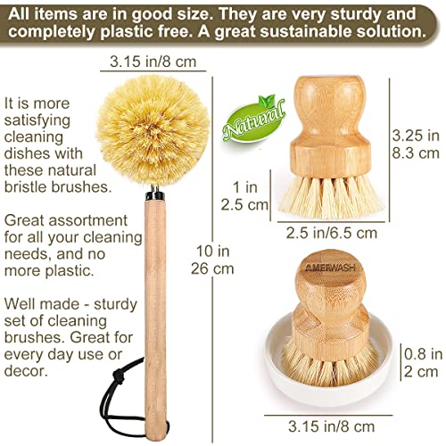 Wooden Dish Brush Set Clean Pots, Pans and Vegetable, Natural Bristles Bamboo Scrub Brushes with Ceramic Dish - 1 Long Handle Dish Brush + 2 Palm Scrubbing Brush - size: 4 Piece Brush Set with Holder