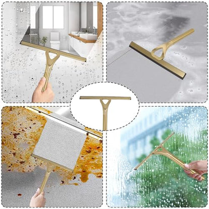 8.9x8.7inch Gold Stainless Steel Shower Squeegee Window Squeegee with Hanging Hook - Glass Wiper Squeegeer Cleaning Tool for Clean Ceramic Tile,Shower Door, Mirror,Window,Car Glass,Table Top