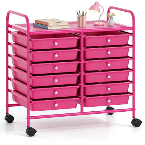 COSTWAY 12-Drawer Rolling Storage Cart, Utility Storage Organizer Cart for Tools, Scrapbook, Paper, Craft, Multipurpose Art Supply Organizer on Wheels for Home Office School, Teacher, Hot Pink - color: Hot Pink, size: 25"L x 15"W x 24.5”H (12 Drawer)