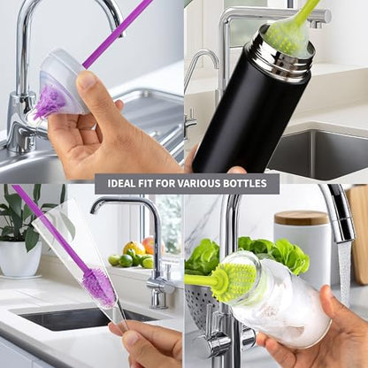 A-Brush Silicone Bottle Cleaner Brush, 2 Piece Set, Flexible, Long Handle - Water Bottle Cleaner, Baby Bottle Nipple Brush for Plastic & Glass, BPA-Free Dish Washing Brush A2S Protection - color: Green - Purple 2pk