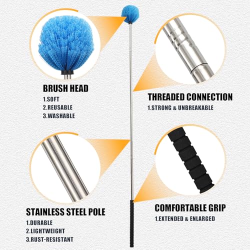 Lightweight Cobweb Duster with Extension Pole – 8FT Long Reach Brush Kit, Washable Head for Ceiling Fan, Spider Webs, Dust – Cleans Up to 15FT, for Furniture, Eaves, Vents, Roof - size: 8 FT(REACH UP TO 15FT)