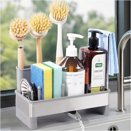 Kitchen Sink Caddy Organizer, Stainless Steel Sponge Holder, Kitchen Caddy Sink Organizer with Dish Brush Holder and Dishcloth Rack, Rustproof Dish Sponge Drying Rack for Countertop Storage - color: Gray