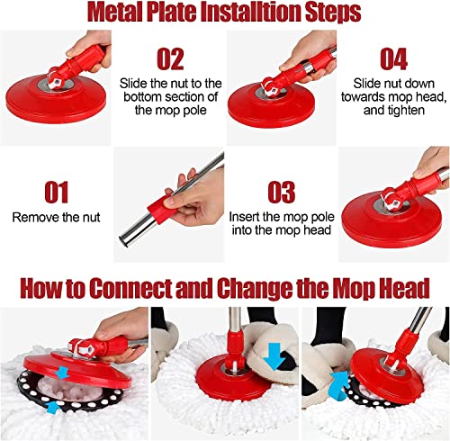 Spin Mop and Bucket with Wringer Set，Mop and Bucket Set for Floor Cleaning with 3 Mop Refills 61 inches Telescoping Rod for Office and Home use - color: Red