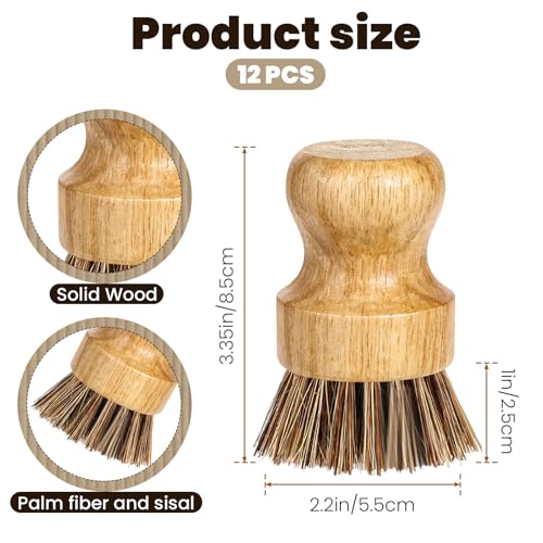 12 Packs Bamboo Dish Scrub Brush Wooden Washing Scrubbers with Sisal Bristles Kitchen Palm Pot Brush Round Mini Dish Brushes for Household Iron Pot Pan Sink Sink Vegetables Cleaning (Brown) - color: Brown