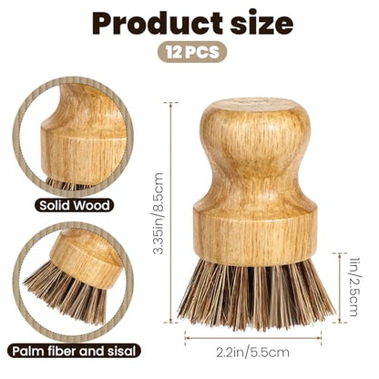 12 Packs Bamboo Dish Scrub Brush Wooden Washing Scrubbers with Sisal Bristles Kitchen Palm Pot Brush Round Mini Dish Brushes for Household Iron Pot Pan Sink Sink Vegetables Cleaning (Brown) - color: Brown