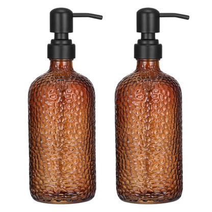2-Pack Dimpled Finish Amber Glass Soap Dispensers with Matte Black Stainless Steel Pumps, 16 oz Refillable Bottles for Kitchen & Bathroom (Amber Dimpled Finish-Black Pump)