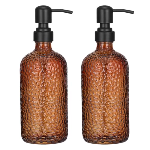 2-Pack Dimpled Finish Amber Glass Soap Dispensers with Matte Black Stainless Steel Pumps, 16 oz Refillable Bottles for Kitchen & Bathroom (Amber Dimpled Finish-Black Pump)