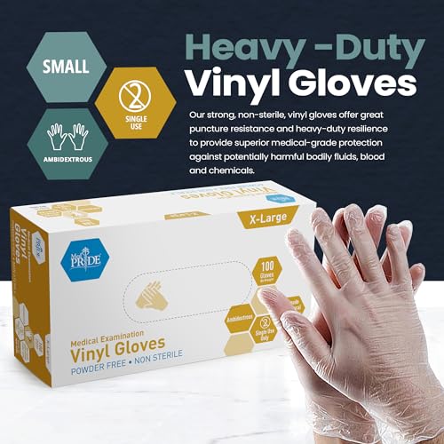 MED PRIDE Disposable Medical Grade Vinyl Exam Gloves, Latex & Powder Free, Ultra-Strong, for Healthcare & Food Handling (X-Large (Pack of 100) 100 Clear) - size: X-Large (Pack of 100)