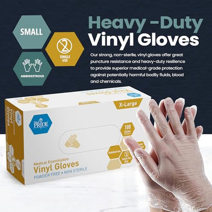 MED PRIDE Disposable Medical Grade Vinyl Exam Gloves, Latex & Powder Free, Ultra-Strong, for Healthcare & Food Handling (X-Large (Pack of 100) 100 Clear) - size: X-Large (Pack of 100)