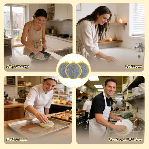 Double Sided Kitchen Sponges for Dishes, Round Scrubbing Pads with Steel Wire Nylon and High Elasticity Sponge, Non Scratch Cleaning Pads with Hanging Loop for Dishes, Pots, Sinks & Bathroom