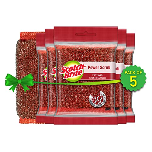 Scotch-Brite Power Scrub with Steel mesh for Utensil Cleaning- for Tough Stain Removal- Pack 5