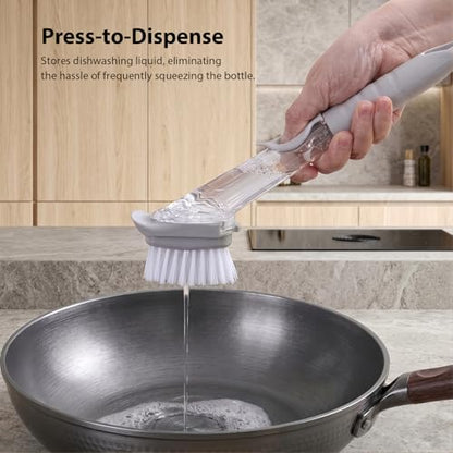 Soap Dispensing Dish Brush Set - Ergonomic Kitchen Scrub Brush with 4 Replaceable Heads (2 Bristles & 2 Sponges), Non-Slip Palm Scrubber for Pot, Pan, and Sink Cleaning