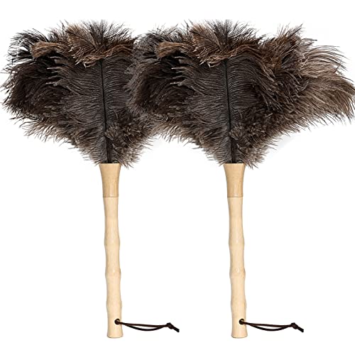 Ostrich Feather Duster 16 inch Feather Duster Fluffy Natural Genuine Ostrich Feathers with Wooden Handle and Eco-Friendly Reusable Handheld Ostrich Feather Duster for Cleaning Supplies - color: Model-a-brown-2 Pieces