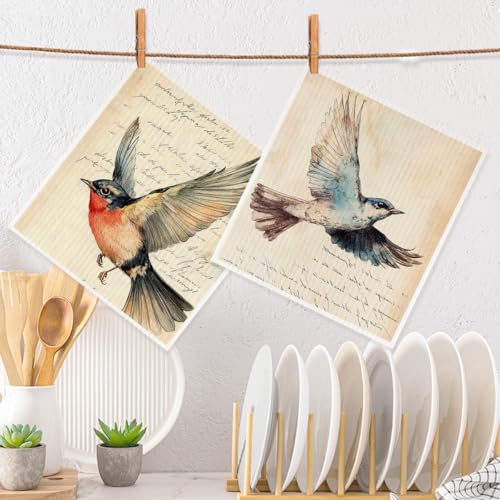 2 Pcs Vintage Bird Artistic Prints Swedish Dishcloths for Kitchen, Absorbent Reusable Paper Towels, Retro Geometry Kitchen Towels for Bathroom Home, Gifts for Bird Lovers Women Mom Men 2 - color: Sz 0781