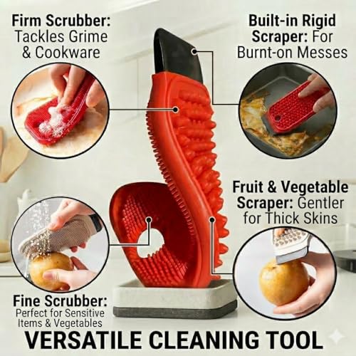 3-in-1 Silicone Dish Sponge - BPA-Free Food-Grade Cleaning Brush with Dual-Sided Scrubber & Scraper, Hanging Hole Fast-Dry Reusable for Dishes/Fruits/Vegetables (Red 1PCS) - color: Red 1pcs