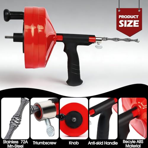 50 Ft Drain Auger,Use Manually or Drill Powered 50 Feet Drain Snake,Heavy Duty Flexible Plumbing Snake,With Gloves and Storage Bag for Kitchen Sink, Shower Drain (50FT, Red) - color: Red-50FT