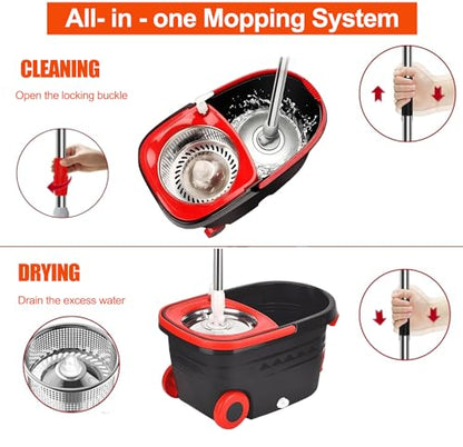 Mop and Bucket with Wringer Set, 360° Rotating Mop Bucket System with 3 Microfiber Mop, Stainless Steel Floor Cleaning System with Dual Mode, Black&red