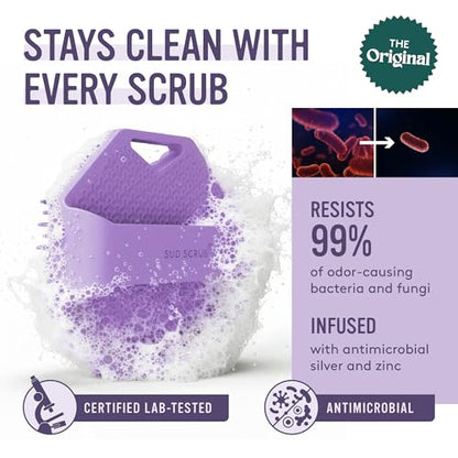 Sud Scrub® Antimicrobial Silicone Body Scrubber, Exfoliating Body Brush for Sensitive Skin, Antibacterial Shower Scrubber for Body, Bathroom Essentials for Men & Women, Purple - color: Purple