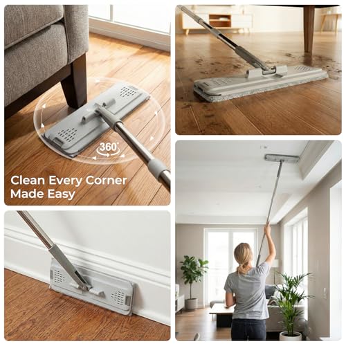 Mop and Bucket Set, Floor Mop and Bucket with Wringer Set, Wet and Dry Mop for Hardwood Floors, Vinyl, Tile, Baseboards and Walls (4 Washable Microfiber Pads Included)