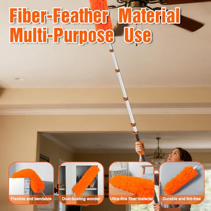 30FT Reach Duster Kit, Window Cleaning with 5-24FT Telescoping Extension Pole, High Ceiling Duster, Microfiber Feather Duster, Cobweb Duster, Window Squeegee, Feather Duster, Extendable Pole Kit - color: Orange, size: 24FT
