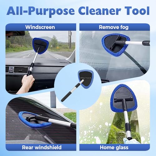 Car Windshield Cleaning Tool, Microfiber Wand Window Cleaner Kit for Auto Glass, 2026 Upgraded Car Window Cleaner with Reusable Washable Pads, Interior Exterior Glass Scrubbing Wand (Blue - Triangle) - color: Blue - Triangle