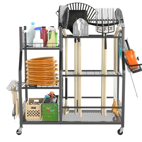 TORACK Garden Tool Organizer with Wheels, Rakes Shovels Yard Tools Stand for Garage, Shed, Garden, Indoor/Outdoor Long-Handled Tools Cart - style: Tool Stand with Extra Shelves