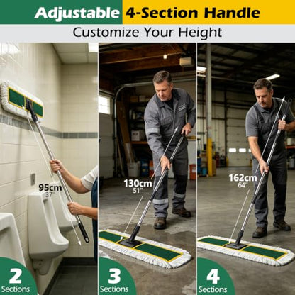 MASTERTOP 40" Commercial Dust Mop for Floor Cleaning, Heavy Duty Flat Mop | Industrial 64" Long Handle Push Broom with 2 Cotton Pads for Hardwood, Tile, Laminate, Concrete, Warehouse & Gym Cleaning - color: Green(40"*8.3")