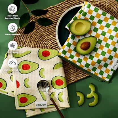 RECYCO Waffle Kitchen Towel Set of 2 - Quick Dry Microfiber Sustainable Dish Towels - Ultra Absorbent Reusable Cleaning Tea Towels - Lightweight Hand Towels,16”x 28”, Avocado Vibes - color: Avocado Vibes