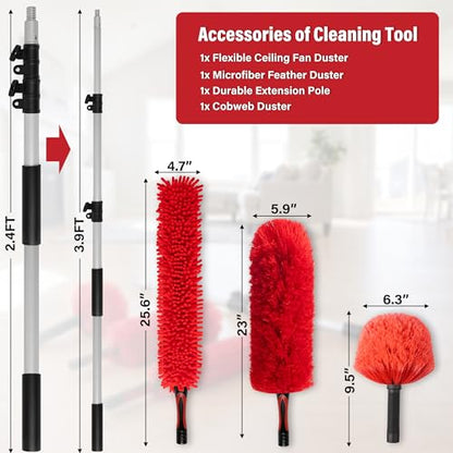4 FT Duster with Extension Pole, 8 FT High Reach Ceiling Fan Cleaner Duster for Home, 2.5-4 FT Extendable Pole with 3 Pcs Dusting Tools, Cobweb Duster, Feather Dusters, Ceiling Fan Duster - size: 4 FT