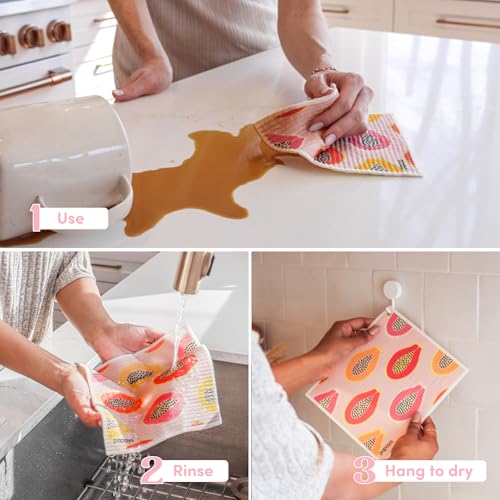 Papaya Reusable Paper Towels, Premium Swedish Dishcloths with Hook, Non-Scratch Reusable Paper Towel, 1 Sheet Replaces 17 Rolls - 2 Sheets, 1 Hook - color: Mod Papayas