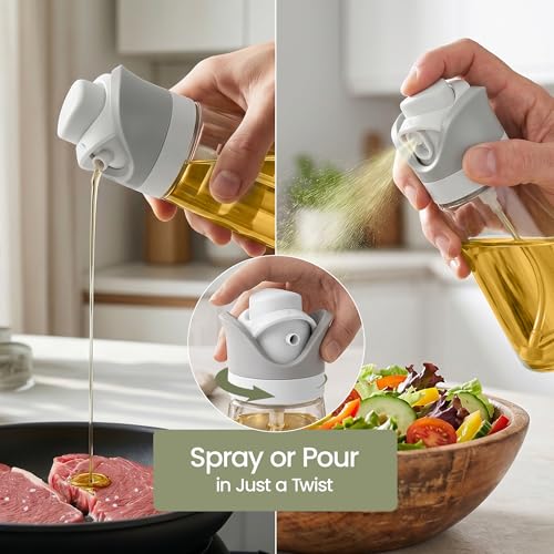 Olive Oil Dispenser for Kitchen 2-in-1 Pour and Spray | 11.5 oz / 340 ml | Glass Olive Oil Sprayer for Cooking, Airfryer, Salad & BBQ | Set of 2 Bottles, White - color: White